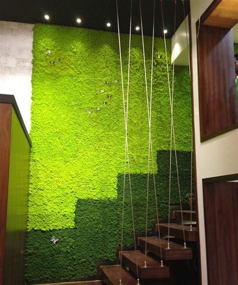 Living Wall Made With Moss Tile Green Featuring A Dark Wood Stair And