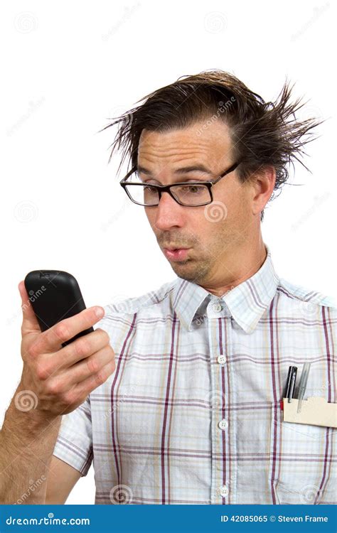 Funny Surprised Nerd Man Looking At Cellphone Royalty Free Stock