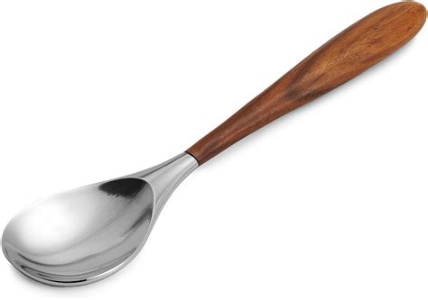 Nambe Curvo Collection Stainless Steel Serving Spoon Acacia Wood