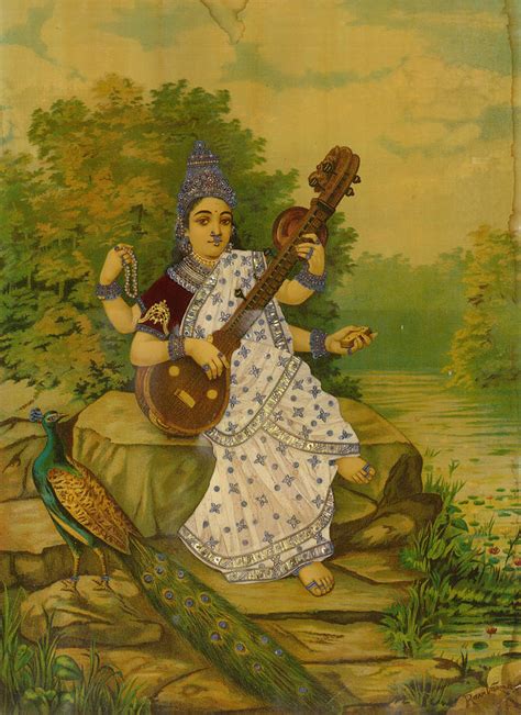 Saraswati Embellished Version Painting By Raja Ravi Varma Fine Art
