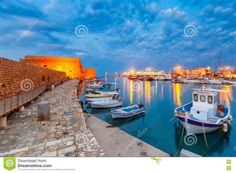 Night Old Harbour Of Heraklion Crete Greece Stock Image Image Of