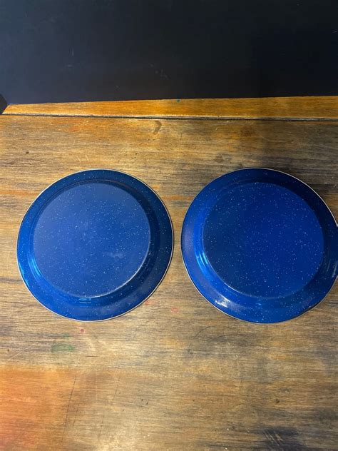 Vintage Blue Speckled Enamelware Plates 10 Set Of 2 Etsy