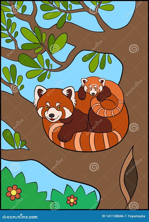 Cartoon Wild Animals Mother Red Panda With Her Little Cute Baby On The
