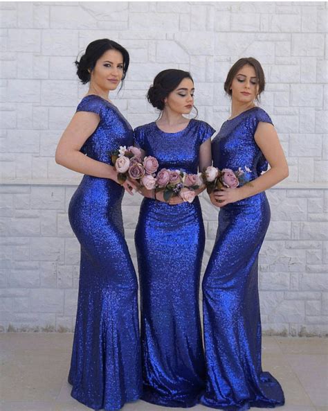 Cap Sleeves Royal Blue Prom Dress Sequin Bridesmaid Dress Prom Dress