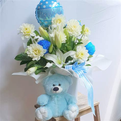 Baby Boy Flowers In Hatbox With Teddy Flowers With Passion