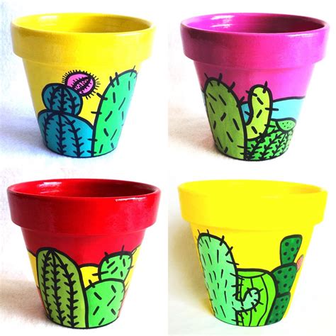Set of bright decorated flower pots with cactus plants provides extra style to the space occupied vector color drawing or. Pin by Syrita on varios | Flower pot crafts, Painted ...
