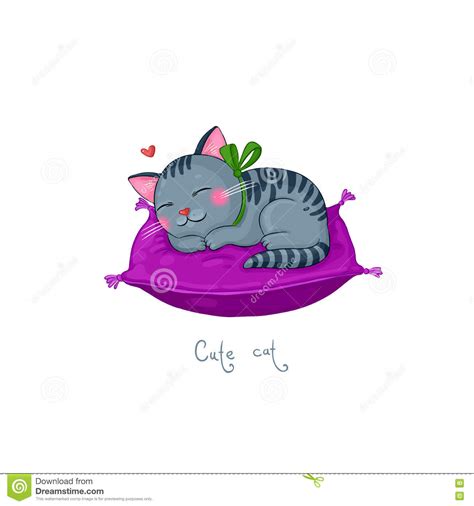 Cute Cartoon Striped Gray Cat On A Purple Cushion Stock