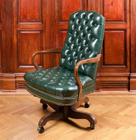Vintage Tufted Green Leather Office Chair Ebth