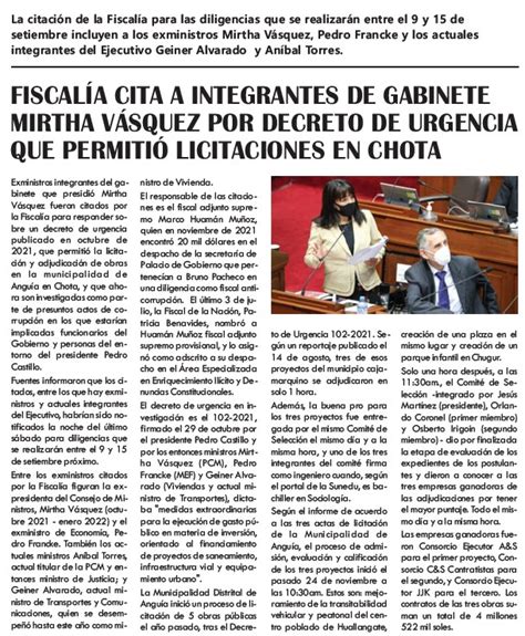 Fiscalía Cita A Integrantes De Gabinete Mirtha Vásquez Por Decreto De Urgencia Que Permitió