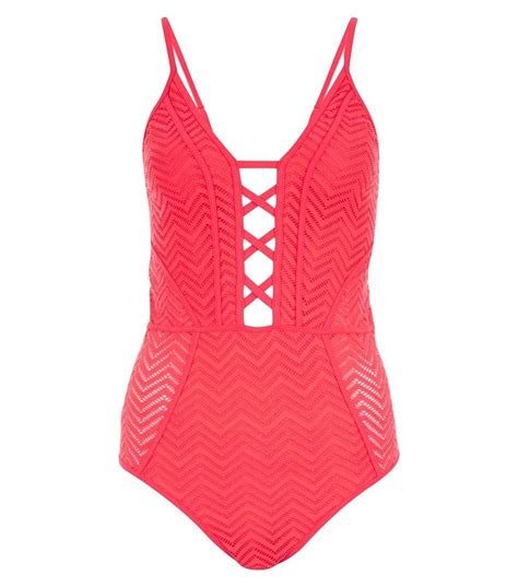 Red Zig Zag Print Lace Swimsuit Red Lace Swimsuit Lace Swimsuit Fashion