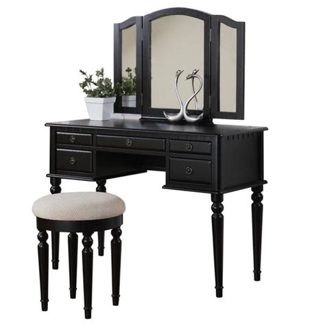Black bedroom vanity table with butterfly bench. Poundex Bobkona St. Croix Vanity Set with Stool in Black ...