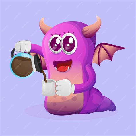 Premium Vector Cute Purple Monster Drinking Coffee Coffee Time