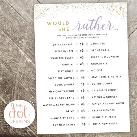 Would She Rather Bridal Shower Game Free Printable You Find Bridal Shower Games Free Printables