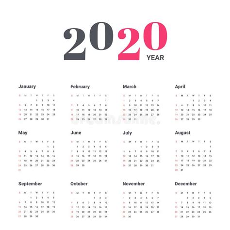 Calendar 2020 Week Starts From Sunday Business Template Stock