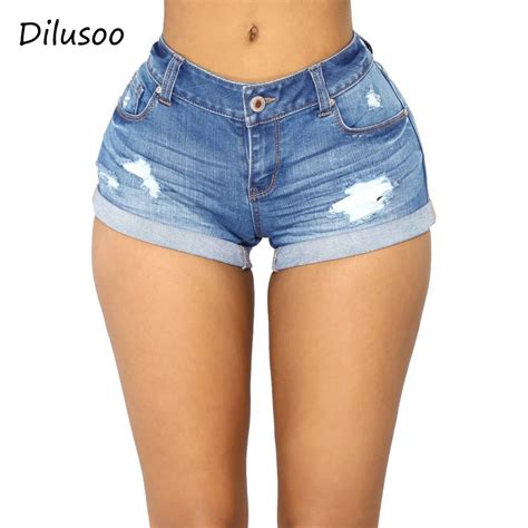 Dilusoo Women Denim Shorts Holes Elastic Short Jeans Pants Skinny Cuffs Ripped Summer Shorts