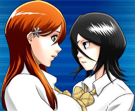 Inoue Orihime Kuchiki Rukia Bleach 00s Black Hair Eye Contact Looking At Another Orange
