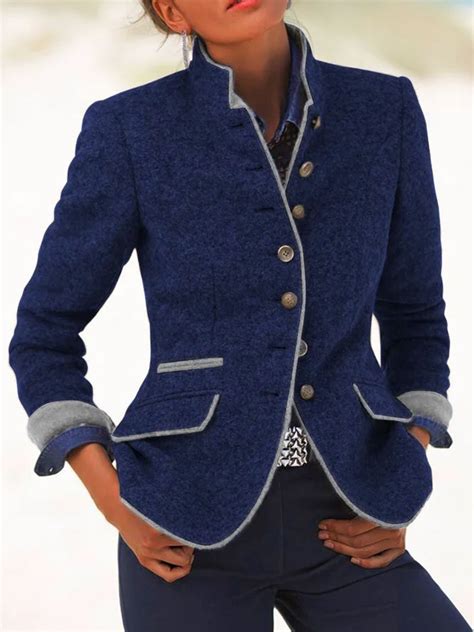 Zolucky Solid Vintage Blazer Stand Collar Jacket Zolucky