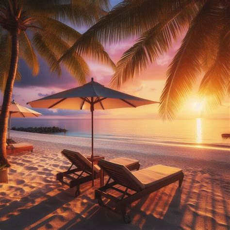 Premium Ai Image Beautiful Tropical Sunset Scenery Two Sun Beds