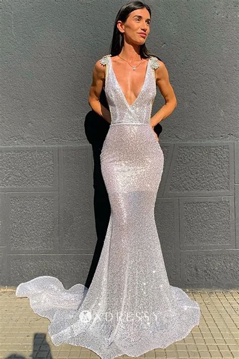 Spaghetti Long A Line Silver Sequin Tulle Prom Dresses Side Slit Prom
