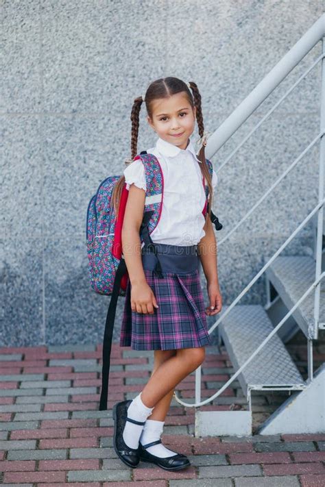 Portrait Of Beautiful Young Schoolgirl With Backpack Near School Stock Image Image Of Female