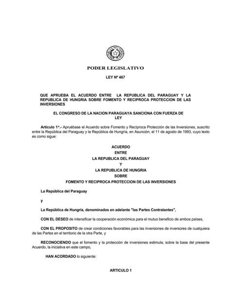 PODER LEGISLATIVO LEY Nº 467 QUE APRUEBA EL ACUERDO