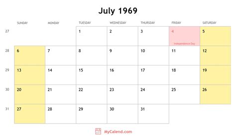 July 1969 Calendar With Holidays Monthly Printable Calendar