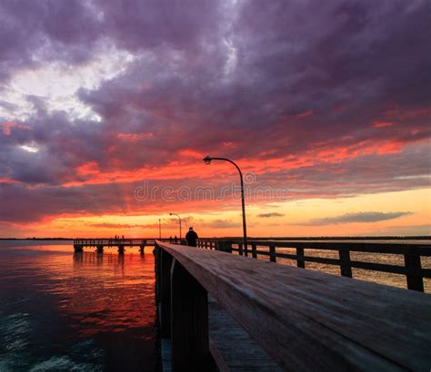 A Beautiful Sunset Over Fishing Piers On Long Island New York Stock
