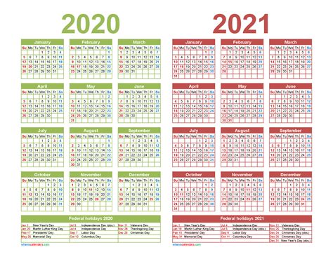 Free 2020 And 2021 Calendar Printable With Holidays