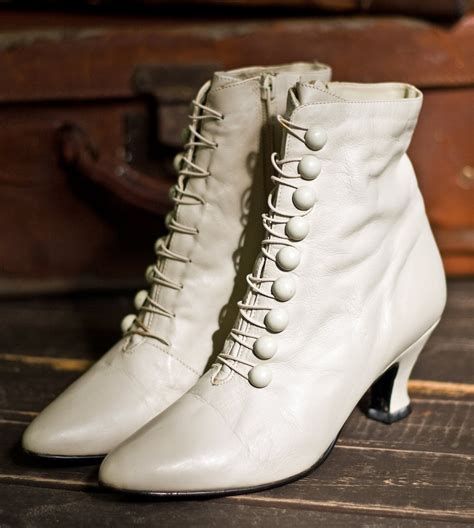 Vintage Victorian Style Button Up Boots Cream Leather Etsy
