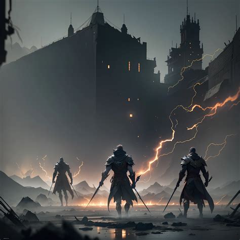 A group of people standing in front of a castle with lightning - SeaArt AI