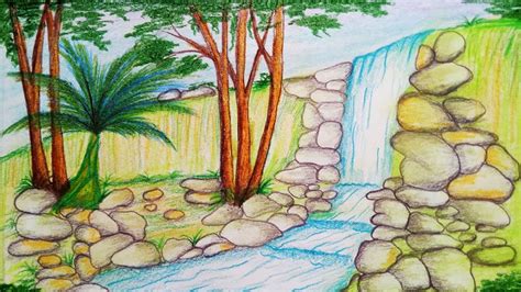 Easy to draw scenery for kids,i have used oil pastels for the trees.and pencil colours for the. How to draw scenery of Stream waterfall.Step by step(easy ...