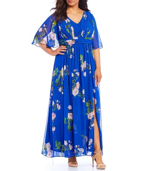 Adrianna Papell Plus Size Floral Print V Neck Flutter Sleeve Chiffon Slit Front Gown In Blue