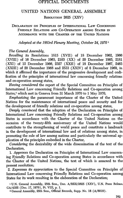 United Nations General Assembly Resolution 2625 Xxv Declaration On