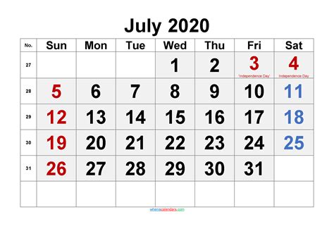 July 2020 Calendar With Holidays Printable Template Noar20m55