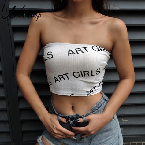 Weekeep Women White Strapless Tube Top Summer Letter Print Slim Waist Bandeau 2018 Streetwear