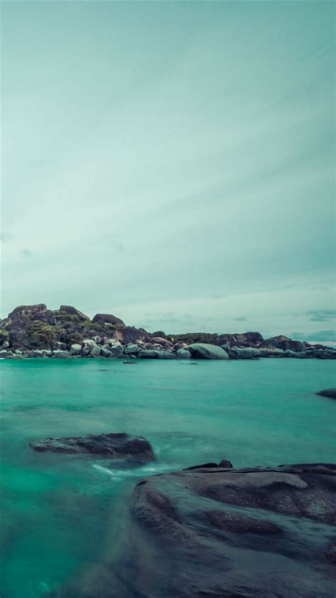 Cyan Island Rock Sea Landscape Iphone 8 Wallpapers Free Download