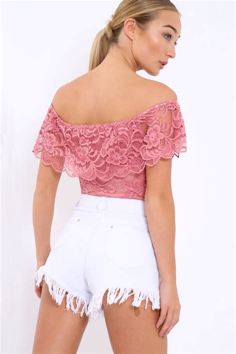 Pink Lace Bardot Bodysuit Rae Rebellious Fashion