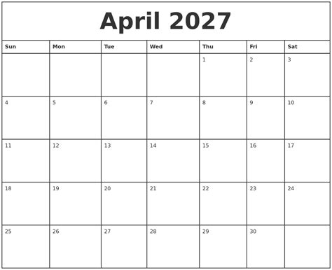 April 2027 Printable Monthly Calendar