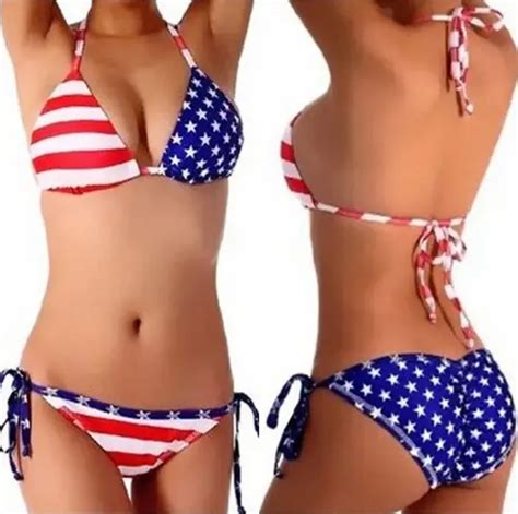 American Flag Print Halter Triangle Bikini Swimsuit Sexy 4th Of July