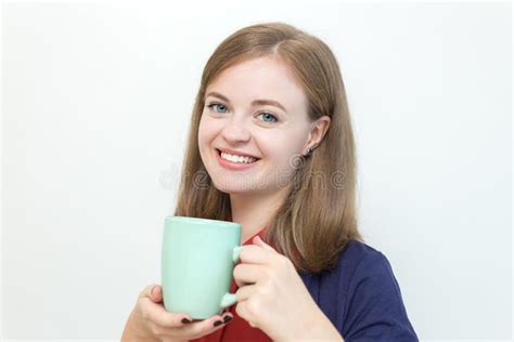 Smiling Young Caucasian Woman Girl Holding A Mug Cup Of Coffee Good
