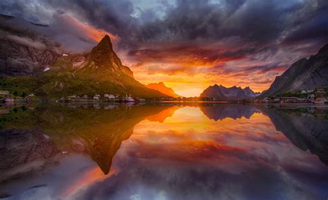 Photography Nature Landscape Midnight Sun Reflection Village Fjord