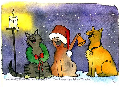 Cats Christmas Greeting Card Funny Cats Watercolor Painting Etsy