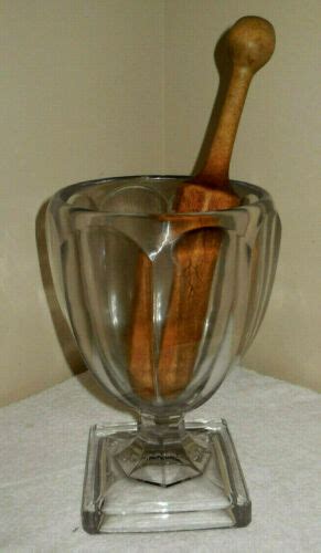 Antique Vintage Drug Store Thick Sca Glass Mortar And Wood Pestle