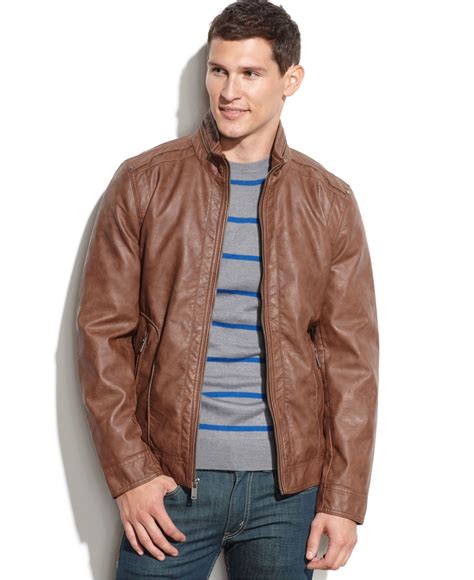 Lyst Guess Lightweight Faux Leather Moto Jacket In Brown For Men