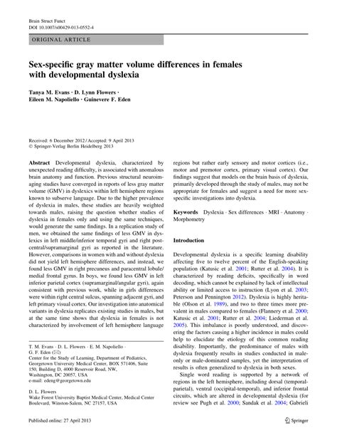 pdf sex specific gray matter volume differences in females with developmental dyslexia
