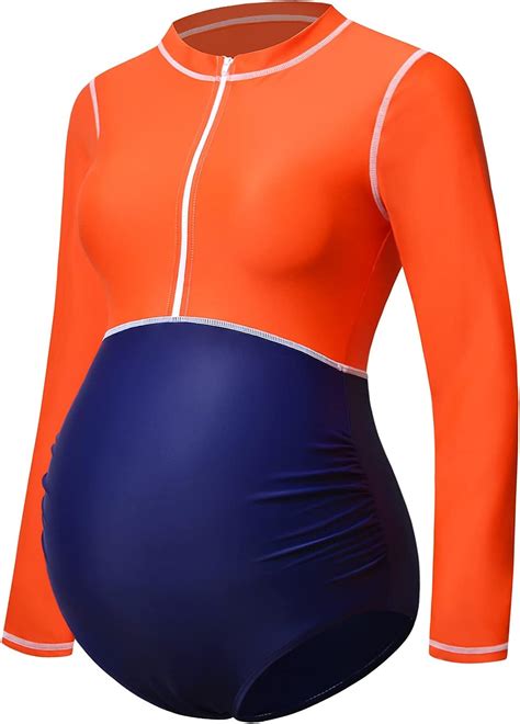 Bhome Long Sleeve Maternity Swimsuits One Piece Pregnancy Rashguard Zip Front Swimwear Orange