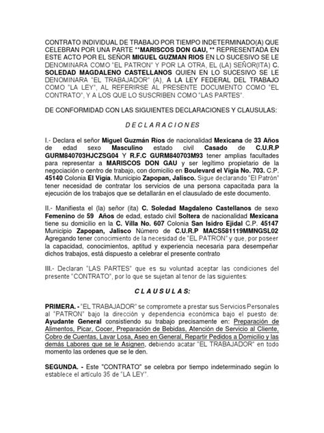 Contrato Individual De Trabajo Mexico 2018 Salario Derecho Laboral