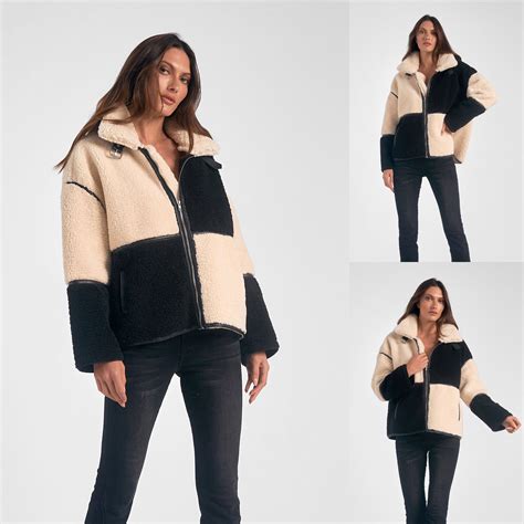 Faux Fur Color Block Jacket Casual 2 Dressy Womens Clothing