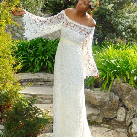 Handmade Bell Sleeve Crochet Lace Bohemian Wedding Dress Off Etsy