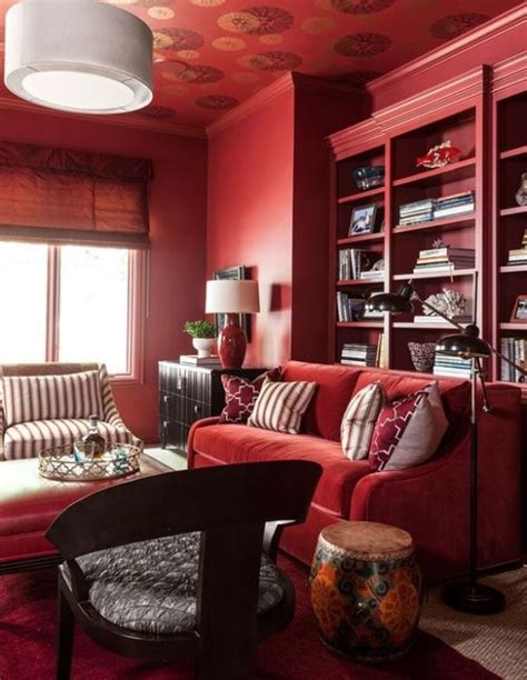 Monochromatic Bold Red Living Room Decorated With Built In Shelves In